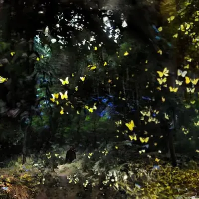 surrounded by a flock of yellow butterflies