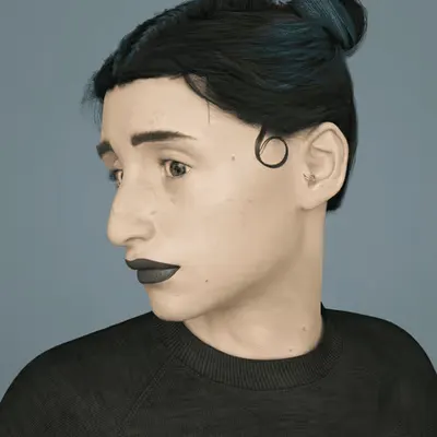 Self-portrait with a gold earring and a curl of hair