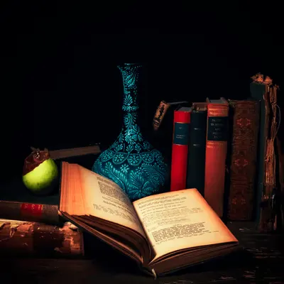 Still Life With Rotten Apple and Books
