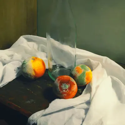 Still Life With Moldy Oranges and Empty Bottle
