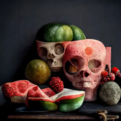 Still life with watermelons and skull. 004