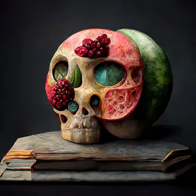 Still life with watermelons and skull. 005