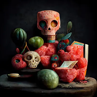 Still life with watermelons and skull. 006
