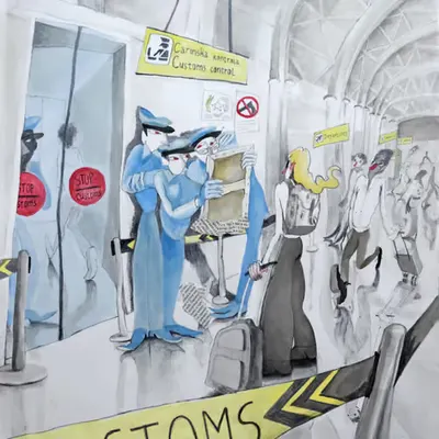 Customs officers evaluate the work of art