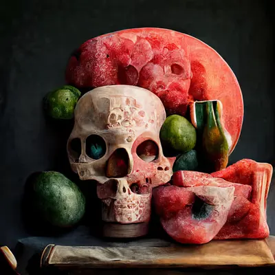 Still life with watermelons and skull. 007