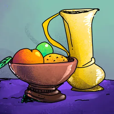 Some fruit and a vase.