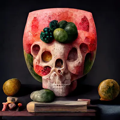Still life with watermelons and skull. 008