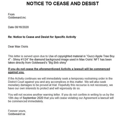 NOTICE TO CEASE AND DESIST