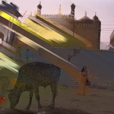 Scenario con vacca e moschea a Varanasi Glitch #4