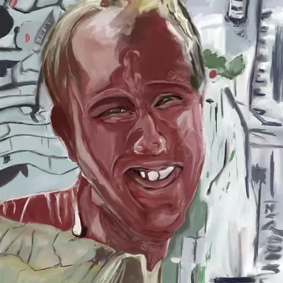 Smiling man, inside a plastic bag, over an aerial view of a melted mall parking lot