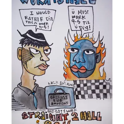 “WoRK iS HELL, OFF i GO” watercolor doodle by Steven Rea