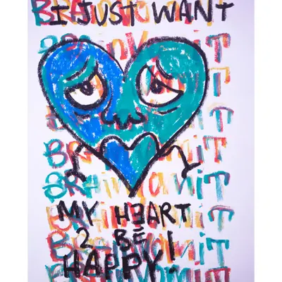 “JUST WANT 2 BE HAPPY” oil stick doodle by Steven Rea