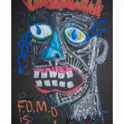 “F.O.M.O is REAL” oil stick doodle by Steven Rea