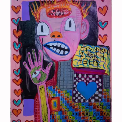 “iT’S OKAY 2 ASK 4 HELP” finger painting by Steven Rea