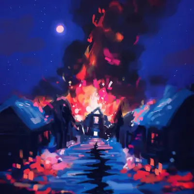 in flames
