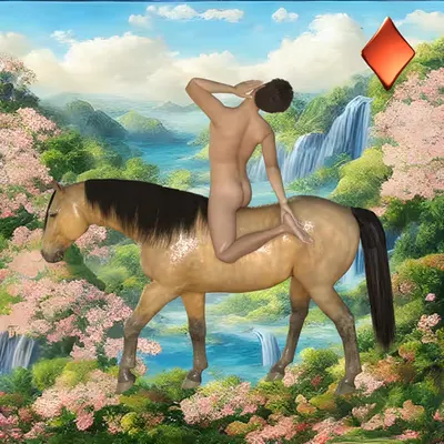 #101 | Man dramatic while riding horse scene with background seed 959 and a Red Diamond card suit