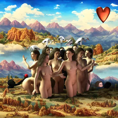 #102 | Group with birds on head scene with background seed 512 and a Red Heart card suit
