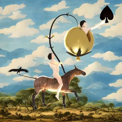 #105 | Man Riding Horse Holding Mega-Fruit scene with background seed 522 and a Black Spade card suit