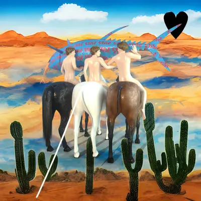 #107 | Group riding horses carrying a large fish scene with background seed 135 and a Black Heart card suit