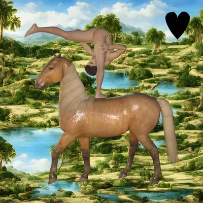 #114 | Man riding horse on one leg bent over scene with background seed 564 and a Black Heart card suit
