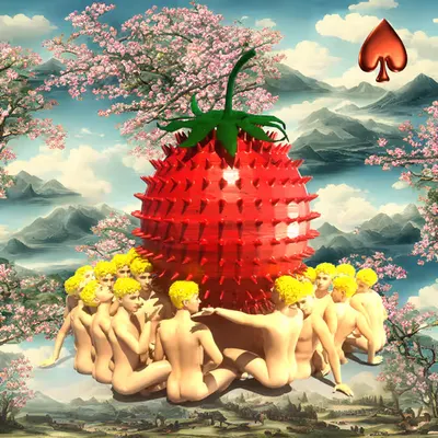 #115 | Group embracing Mega-Strawberry scene with background seed 330 and a Red Spade card suit