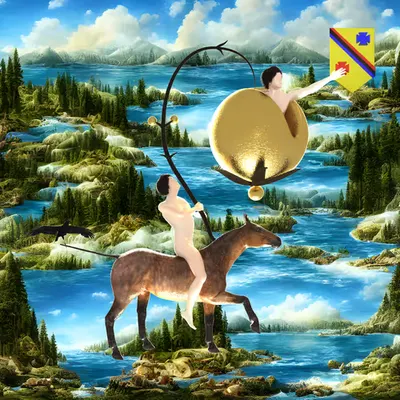 #119 | Man Riding Horse Holding Mega-Fruit scene with background seed 990 and a Shield (Swiss-German) card suit