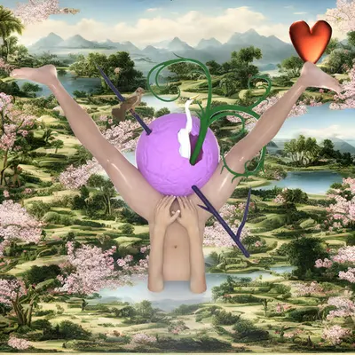 #130 | Birds make nest of organic figures on man scene with background seed 501 and a Red Heart card suit