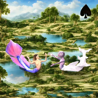 #131 | Mermaid species embracing scene with background seed 161 and a Black Spade card suit