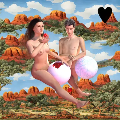 #132 | Lovers eating fruit scene with background seed 475 and a Black Heart card suit