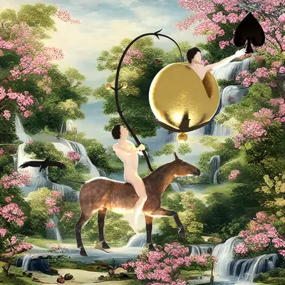 #133 | Man Riding Horse Holding Mega-Fruit scene with background seed 814 and a Black Spade card suit