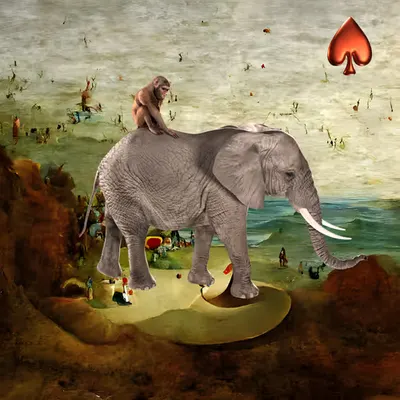 #138 | Monkey riding an elephant scene with background seed 745 and a Red Spade card suit