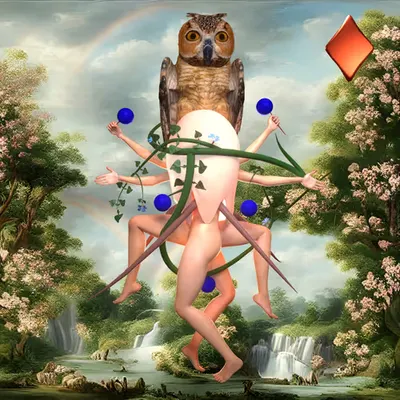 #139 | Owl Group scene with background seed 511 and a Red Diamond card suit