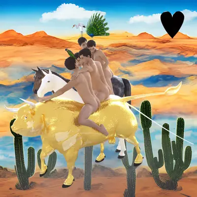 #164 | Man riding golden bull in group scene with background seed 135 and a Black Heart card suit