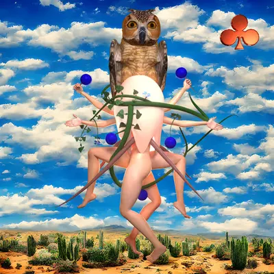 #181 | Owl Group scene with background seed 574 and a Red Club card suit