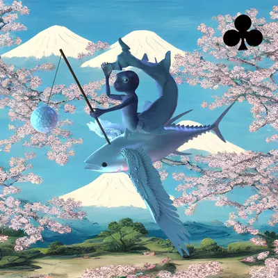 #182 | Flying fish with golf ball scene with background seed 442 and a Black Club card suit