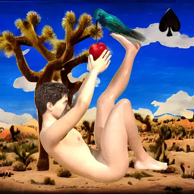 #185 | Bird perched on mans foot eating apple scene with background seed 999 and a Black Spade card suit