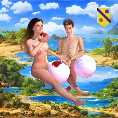 #220 | Lovers eating fruit scene with background seed 983 and a Shield (Swiss-German) card suit
