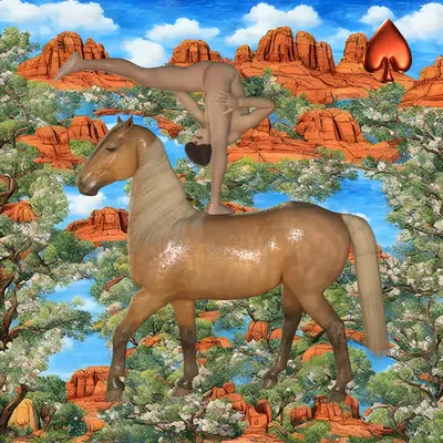 #223 | Man riding horse on one leg bent over scene with background seed 355 and a Red Spade card suit