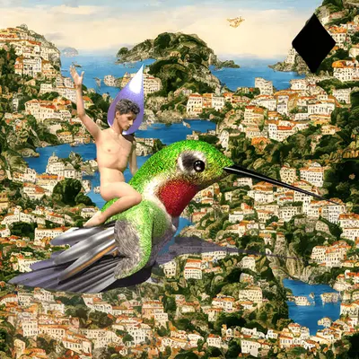 #225 | Man with glass helmet riding humming bird scene with background seed 796 and a Black Diamond card suit