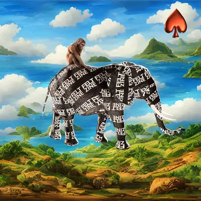 #227 | Monkey riding an elephant covered in Felt Zine Logos scene with background seed 998 and a Red Spade card suit
