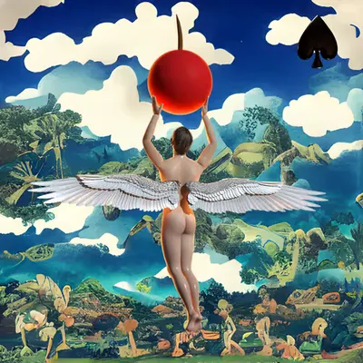 #232 | Angel holding apple scene with background seed 615 and a Black Spade card suit