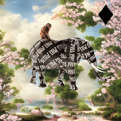 #233 | Monkey riding an elephant covered in Felt Zine Logos scene with background seed 679 and a Black Diamond card suit