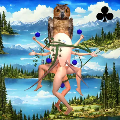 #234 | Owl Group scene with background seed 618 and a Black Club card suit