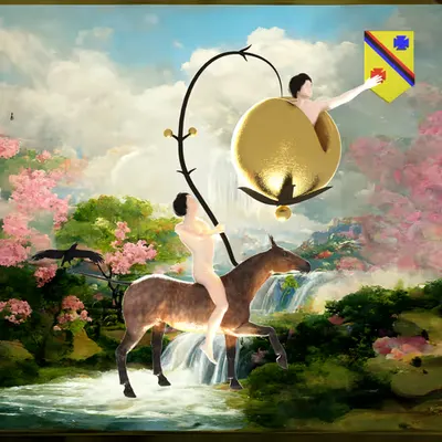 #235 | Man Riding Horse Holding Mega-Fruit scene with background seed 239 and a Shield (Swiss-German) card suit