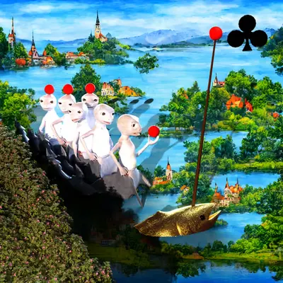 #236 | Sea Creatures carrying fruit scene with background seed 846 and a Black Club card suit