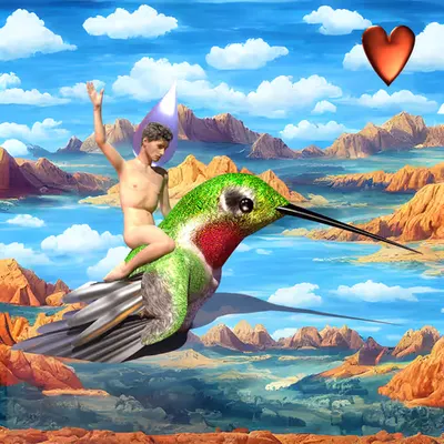 #237 | Man with glass helmet riding humming bird scene with background seed 221 and a Red Heart card suit