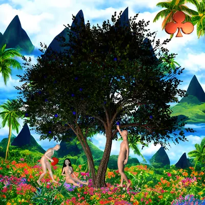 #238 | Man offering strawberry to lovers scene with background seed 759 and a Red Club card suit