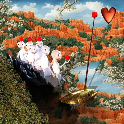 #240 | Sea Creatures carrying fruit scene with background seed 235 and a Red Heart card suit