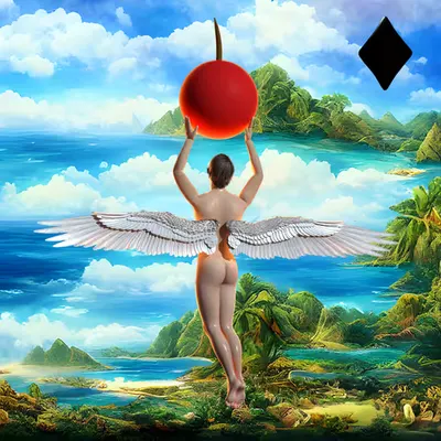 #243 | Angel holding apple scene with background seed 832 and a Black Diamond card suit