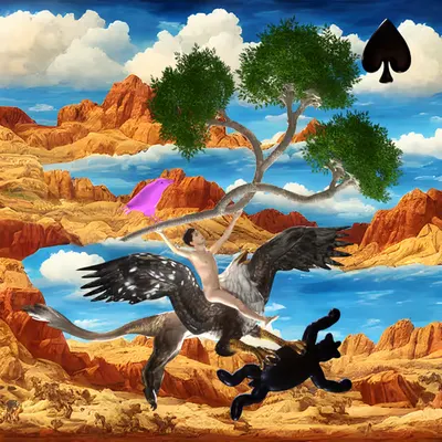 #245 | Man riding Griffin holding a tree scene with background seed 342 and a Black Spade card suit
